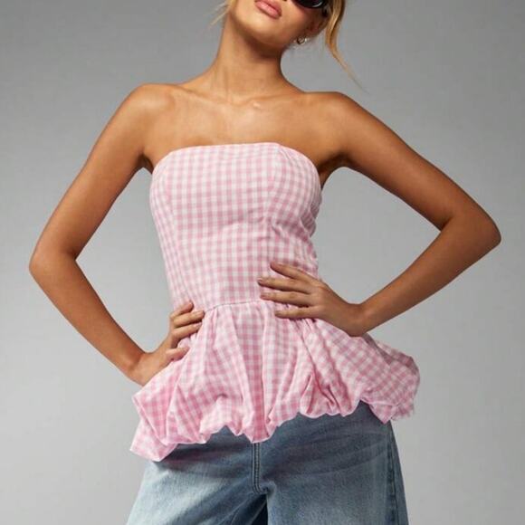 Missguided Pink Gingham Strapless Bandeau Top Sz M - Picture 1 of 14